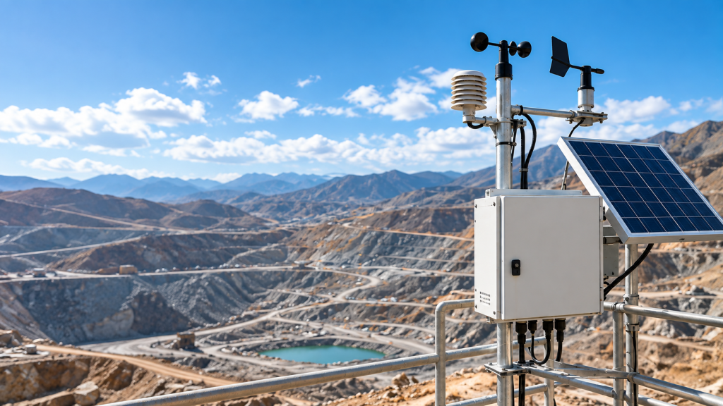 Estación meteorológica con panel solar en operación minera